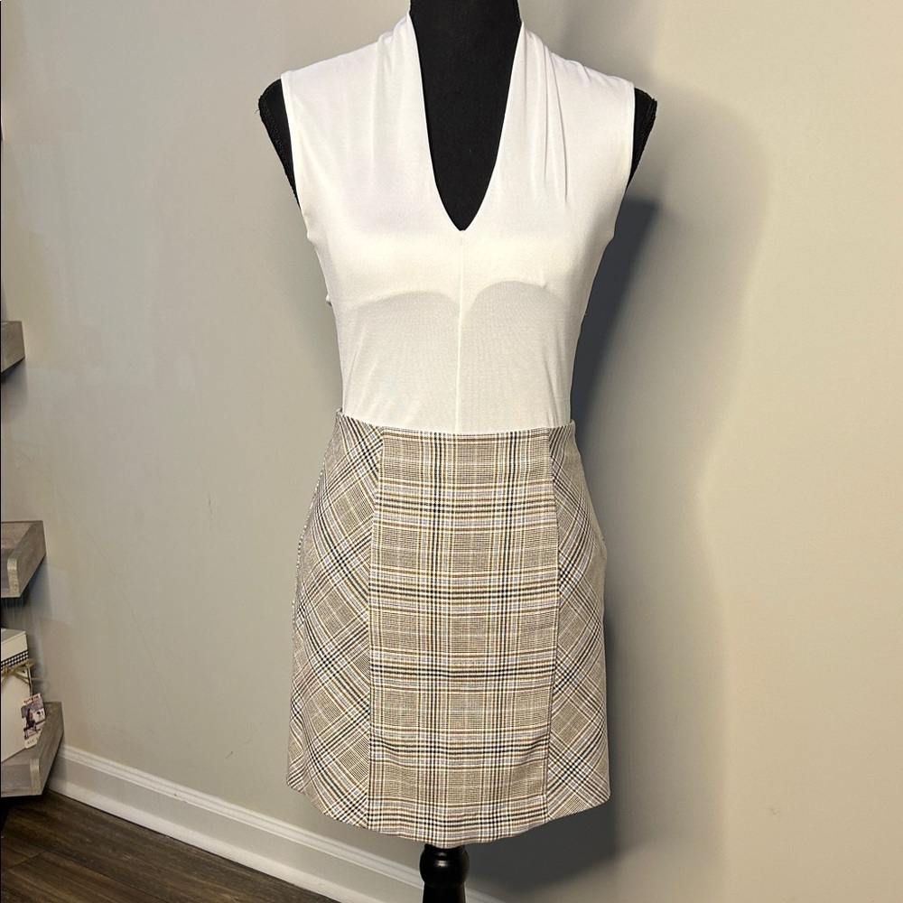 Elegant White Bodysuit (S) and Tan Plaid Women's Skirt (XS)